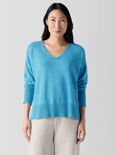 Eileen Fisher Cotton And Recycled Cashmere V-neck Top In Blue