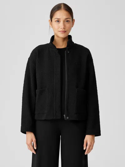 Eileen Fisher Cotton Boucle Knit Stand Collar Jacket In Black