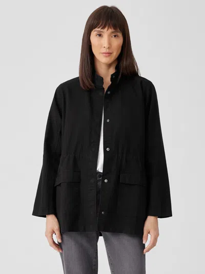 Eileen Fisher Cotton Hemp Stretch Stand Collar Jacket In Black