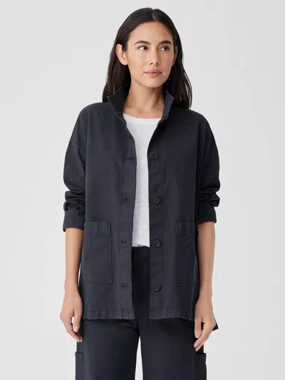Eileen Fisher Cotton Hemp Stretch Stand Collar Jacket In Blue