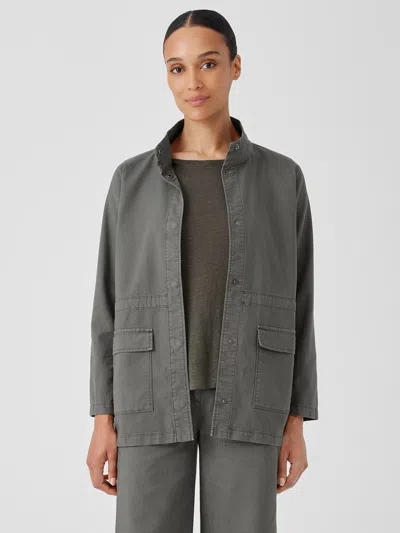 Eileen Fisher Cotton Hemp Stretch Stand Collar Jacket In Green