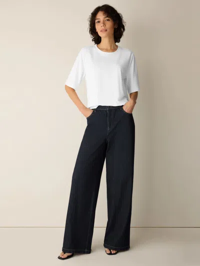 Eileen Fisher Cotton Indigo Knit Denim Wide-leg Pant In Dark Wash
