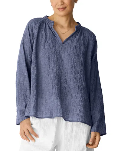 Eileen Fisher Cotton Microstripe Pucker Raglan Sleeve Top In Blue