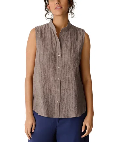 Eileen Fisher Cotton Microstripe Pucker Sleeveless Shirt In Brown
