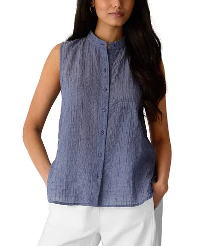 Eileen Fisher Cotton Microstripe Pucker Sleeveless Shirt In Gray