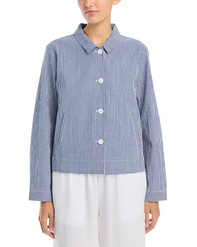 Eileen Fisher Cotton Pucker Check Classic Collar Jacket In Blue