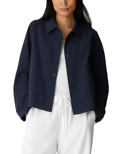Eileen Fisher Cotton Pucker Check Classic Collar Jacket In Blue