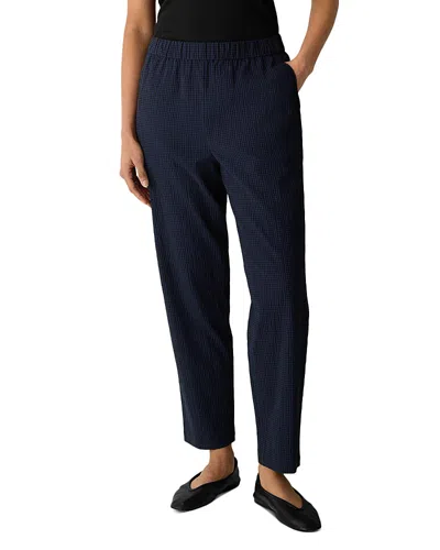 Eileen Fisher Cotton Pucker Check High Waist Pants In Blue