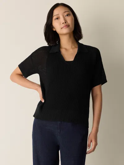 Eileen Fisher Cotton Silk Cord Split Neck Top In Black