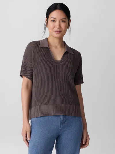 Eileen Fisher Cotton Silk Cord Split Neck Top In Brown