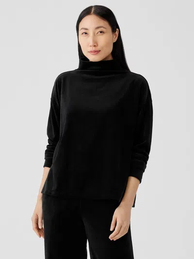 Eileen Fisher Cotton Velour Funnel Neck Box-top In Black