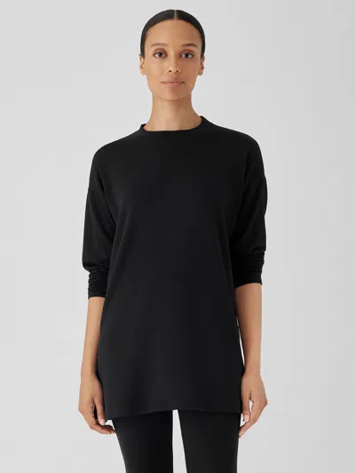 Eileen Fisher Cozy Brushed Terry Hug Crew Neck Long Top In Black
