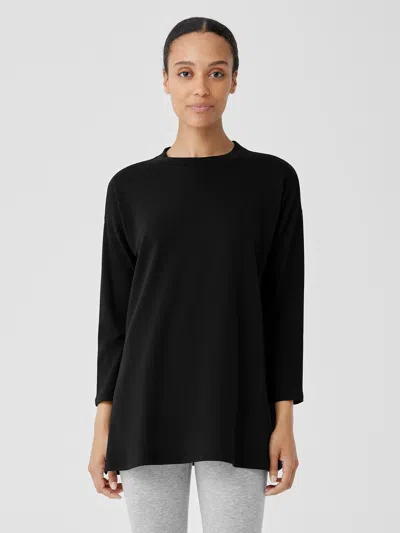 Eileen Fisher Cozy Brushed Terry Hug Crew Neck Long Top In Black