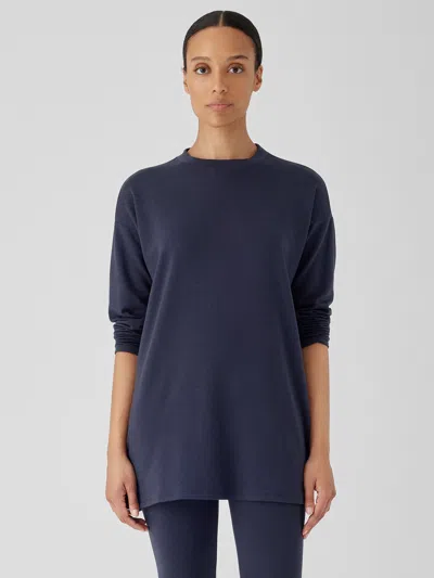 Eileen Fisher Cozy Brushed Terry Hug Crew Neck Long Top In Blue