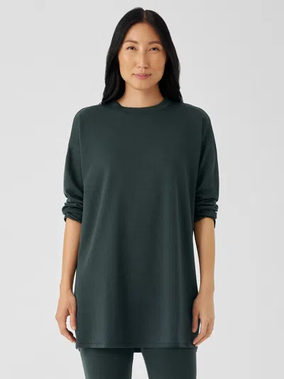 Eileen Fisher Cozy Brushed Terry Hug Crew Neck Long Top In Green