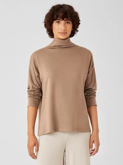 Eileen Fisher Cozy Brushed Terry Hug Funnel Neck Box-top In Brown