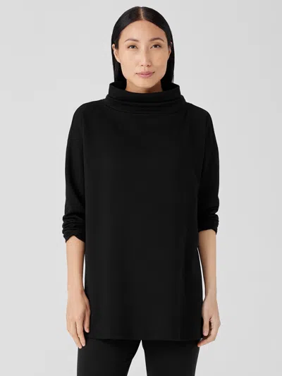 Eileen Fisher Cozy Brushed Terry Hug Funnel Neck Long Top In Black