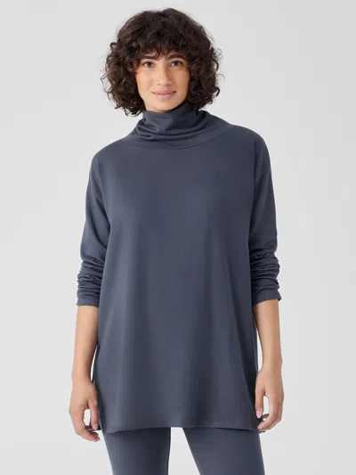Eileen Fisher Cozy Brushed Terry Hug Funnel Neck Long Top In Gray