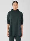 Eileen Fisher Cozy Brushed Terry Hug Funnel Neck Long Top In Green