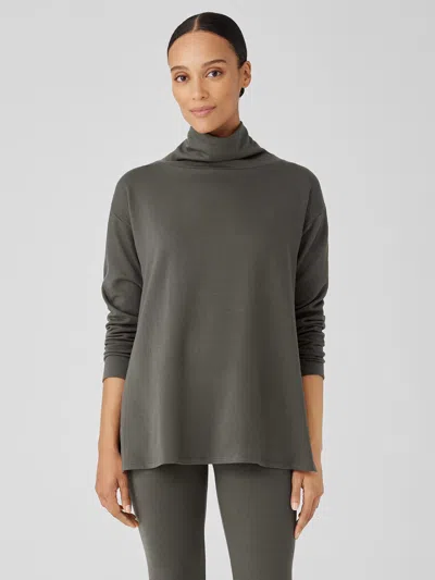Eileen Fisher Cozy Brushed Terry Hug Funnel Neck Long Top In Gray