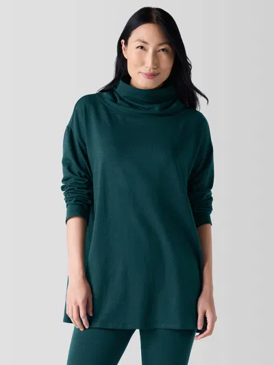 Eileen Fisher Cozy Brushed Terry Hug Funnel Neck Long Top In Green