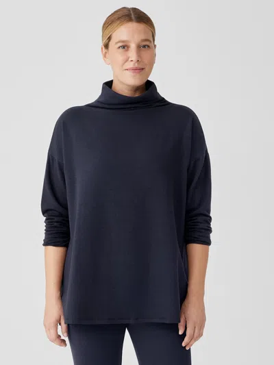 Eileen Fisher Cozy Brushed Terry Hug Funnel Neck Top In Black