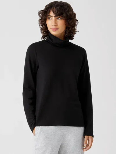 Eileen Fisher Cozy Brushed Terry Hug Scrunch Neck Top In Black