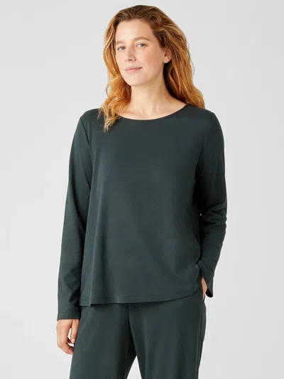 Eileen Fisher Cozy Organic Cotton Interlock Jewel Neck Top In Green