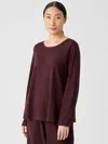 Eileen Fisher Cozy Organic Cotton Interlock Jewel Neck Top In Burgundy