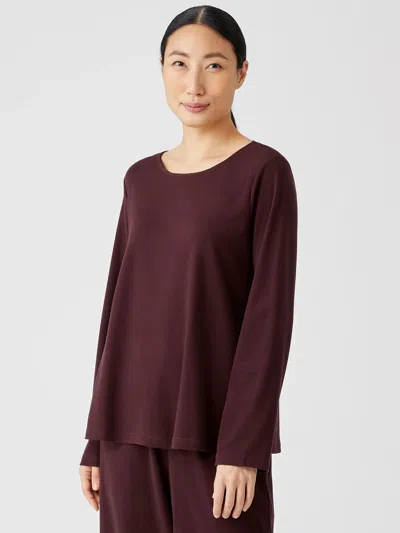 Eileen Fisher Cozy Organic Cotton Interlock Jewel Neck Top In Burgundy