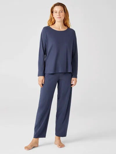 Eileen Fisher Cozy Organic Cotton Interlock Jewel Neck Top In Blue