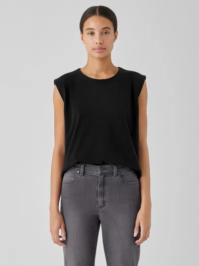 Eileen Fisher Cozy Organic Cotton Slub Round Neck Tank In Black