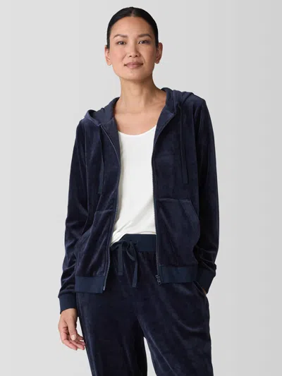 Eileen Fisher Cozy Velour Knit Hooded Jacket In Blue