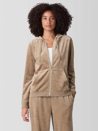 Eileen Fisher Cozy Velour Knit Hooded Jacket In Brown