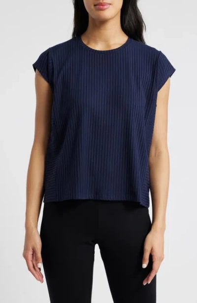 Eileen Fisher Crewneck Cap Sleeve Ribbed T-shirt In Ink