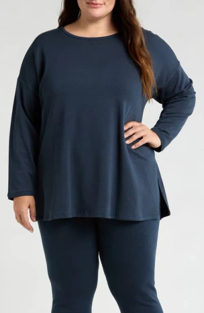 Eileen Fisher Crewneck Long Sleeve Longline Top In Deep Adriatic