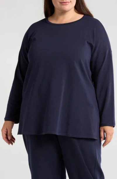 Eileen Fisher Crewneck Long Sleeve Longline Top In Ink