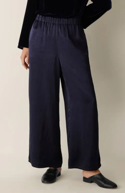 Eileen Fisher Crinkle Satin Wide Leg Ankle Pants In Blue