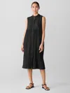 Eileen Fisher Crinkle Silk Habutai Band Collar Dress In Black