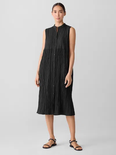 Eileen Fisher Crinkle Silk Habutai Band Collar Dress In Black