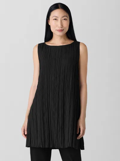 Eileen Fisher Crinkle Silk Habutai Bateau Neck Long Top In Black