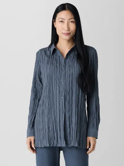 Eileen Fisher Crinkle Silk Habutai Classic Collar Shirt In Blue
