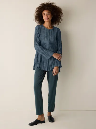 Eileen Fisher Crinkle Silk Habutai Round Neck Shirt In Gray