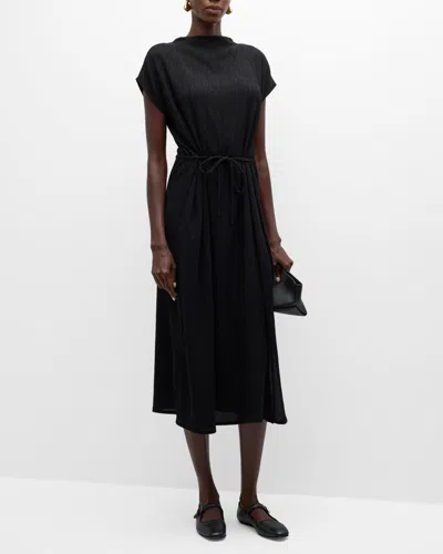 Eileen Fisher Crinkled Funnel-neck Midi Dress In Black