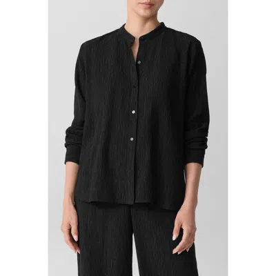 Eileen Fisher Crinkled Mandarin Collar Button-up Shirt In Black