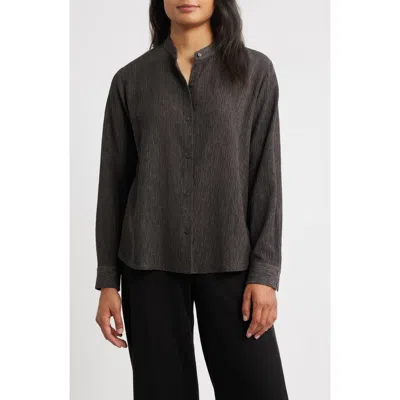 Eileen Fisher Crinkled Mandarin Collar Button-up Shirt In Brown