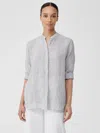 Eileen Fisher Crinkled Organic Linen Stripe Mandarin Collar Long Shirt In Gray