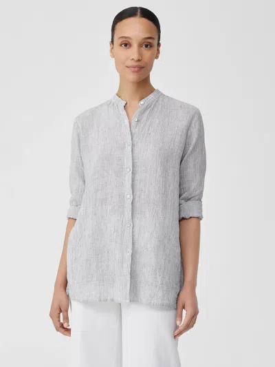 Eileen Fisher Crinkled Organic Linen Stripe Mandarin Collar Long Shirt In Gray