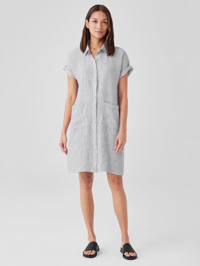 Eileen Fisher Crinkled Organic Linen Stripe Shirtdress In White
