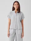 Eileen Fisher Crinkled Organic Linen Stripe Short-sleeve Shirt In Gray